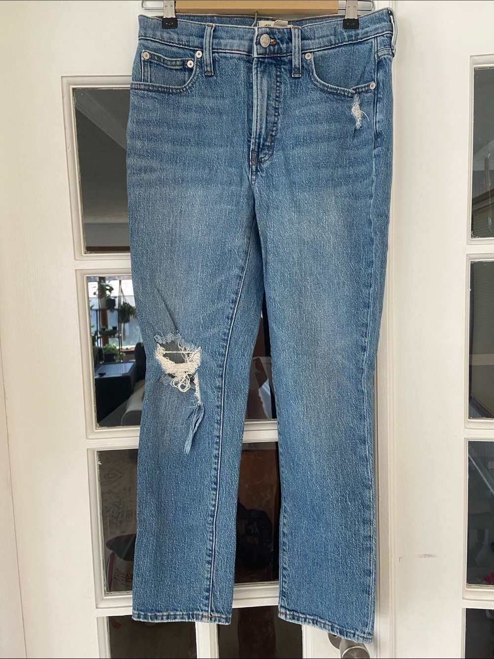Madewell Mid-Blue Mid-Rise Perfect Vintage Straight-Leg Distressed Jeans